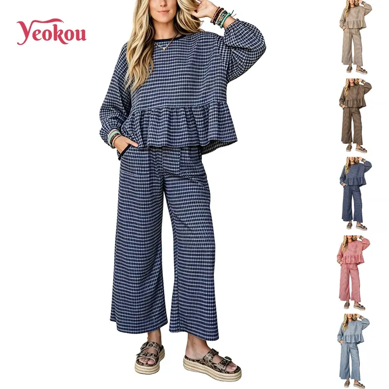 Yeokou Women's Gingham 2 Piece Lounge Set  Long Sleeve Bohemian Peplum Top with Ruffle Hem, Wide Leg Pants with Pockets, Fall Casual Outerwear & Loungewear