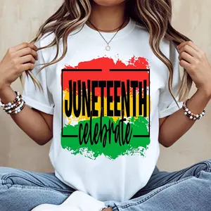 Juneteenth Celebrate Flag Print T Shirt White Crewneck Casual Loose Fit For Everyday Wear And Outdoor Activities