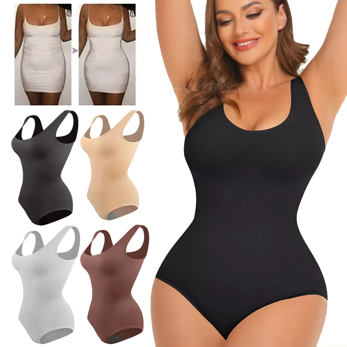 Women's Tummy Control Shapewear Bodysuit, Soft Square Neck Camisole with Butt Lift, Plus Size Tummy Flattering for Daily Wear, Plus Size Tummy Flattering Clothes