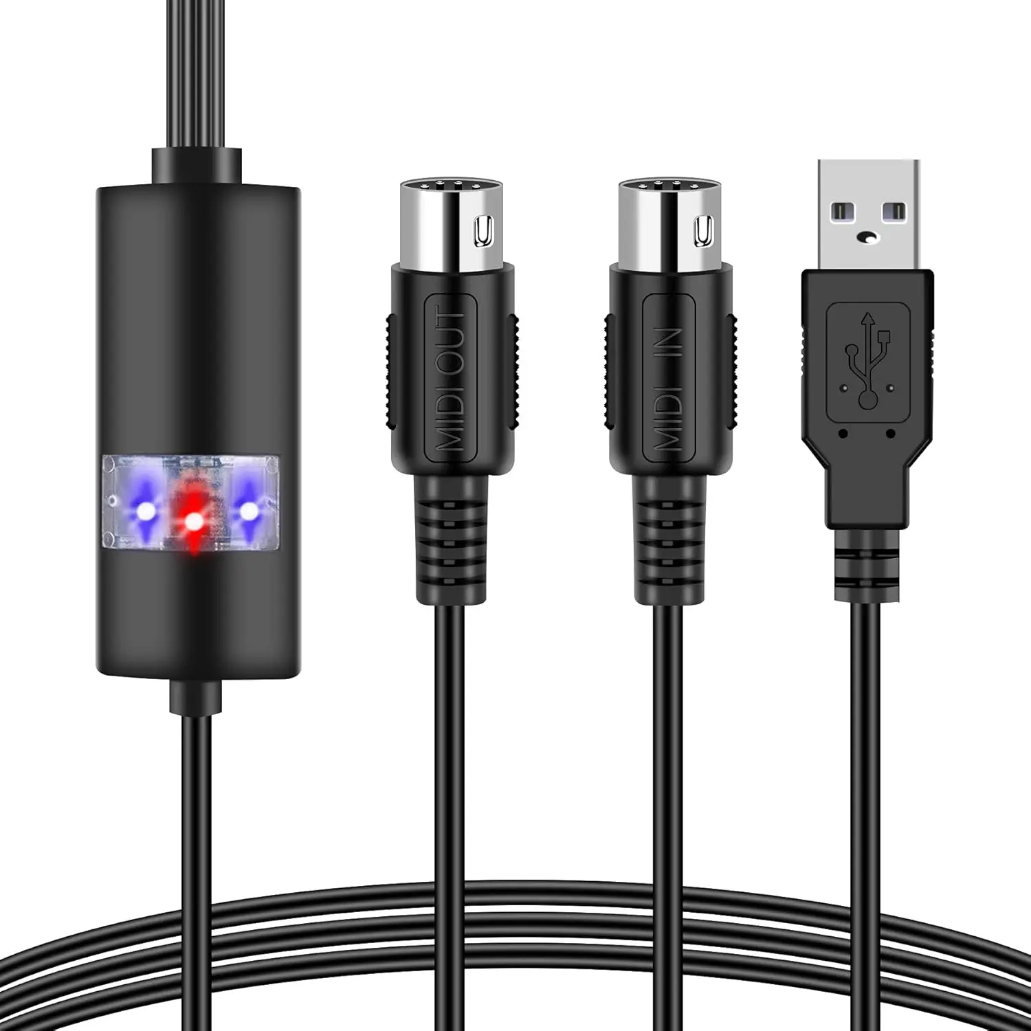 Professional Upgraded USB MIDI Cable Adapter - Plug-and-Play MIDI to USB In-Out Converter with Built-in Driver, High Quality Wire, Red and Blue Lights, 2M(6.5FT) Black Cable for Piano Keyboard to PC/Laptop Editing, Windows XP Compatible