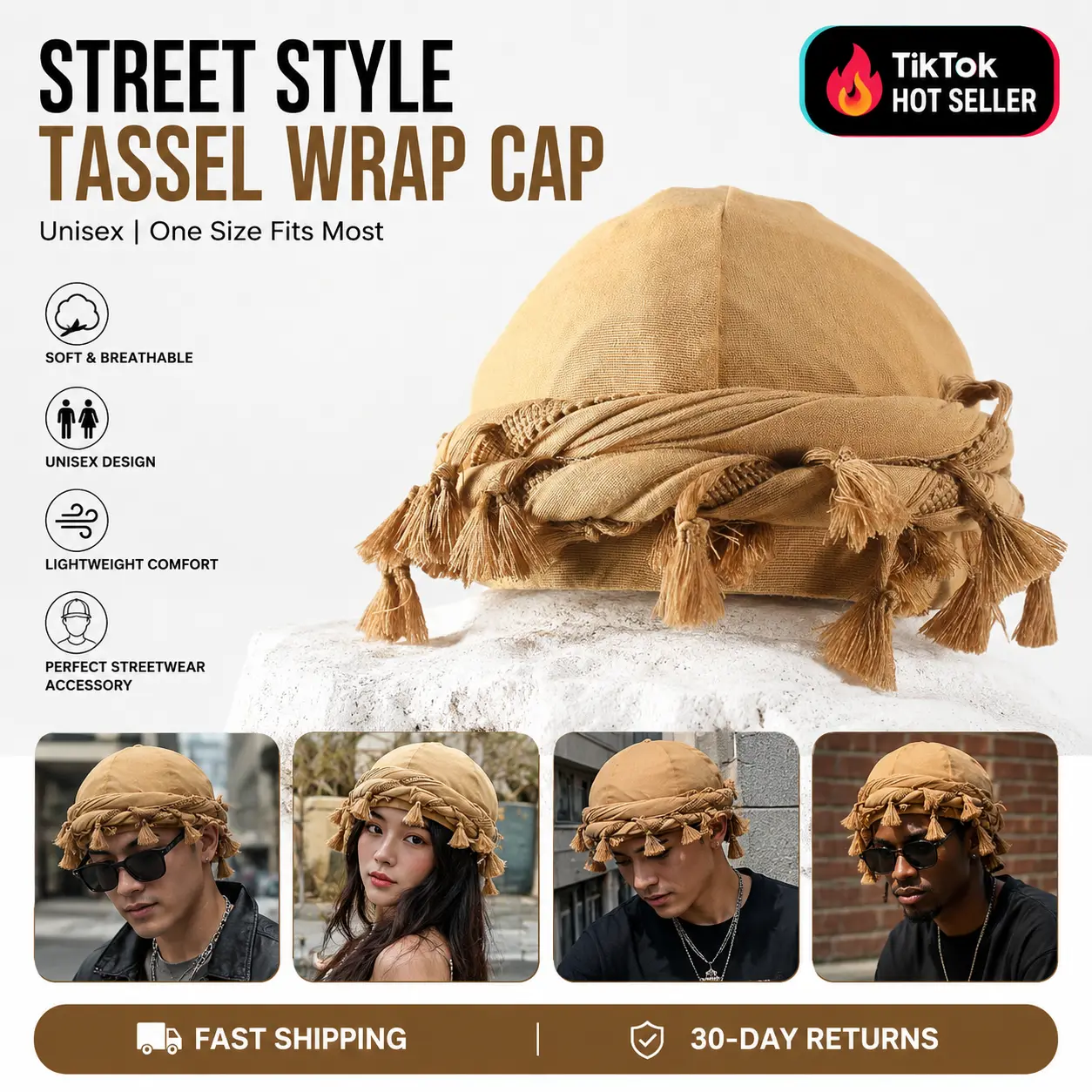 Street Style Tassel Design Turban Hats for Men, Hiphop Turban Hat, Vintage Men's Hats for Daily Wear, Hats for Summer, Fashion Accessory