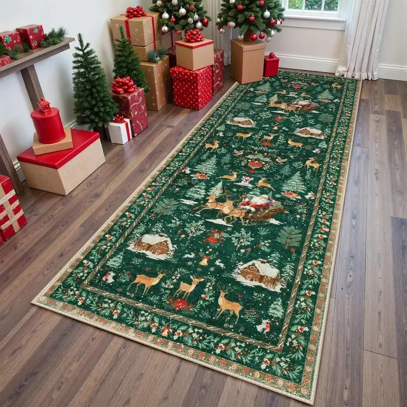 Christmas carpet, Christmas deer Santa Claus long carpet, Christmas decorative floor mat, soft and comfortable washable area rug, Machine Washable Rugs, Christmas Home Decoration, Christmas Gift, multifunctional for kitchen, Home Decor Rug