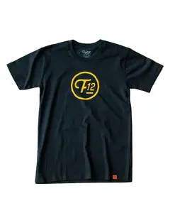 F12 CIRCLE SCRIPT LOGO TEE - BLACK Menswear Top with Bold Yellow Logo Design