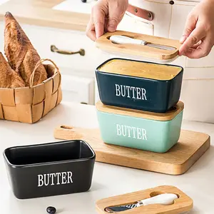 Ceramic Butter Dish with Knife, Rectangular Cheese Container with Wooden Lid, Ceramic Butter Box for Kitchen Use