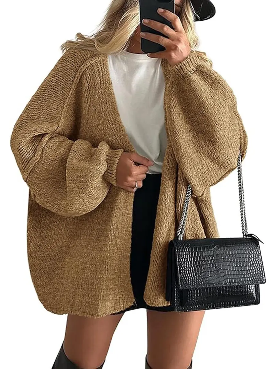 Women's Oversized Cardigan Sweater Fall Long Lantern Sleeve Knit Open Front Lightweight Sweater Knitwear Tops#DealsForYouDays