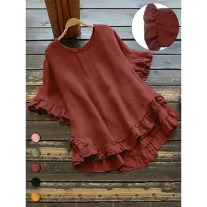 Large size flat pleated high-low neck shirt, summer casual soft round neck half sleeved woven top, women's plus size daily clothingRAIMENTRY