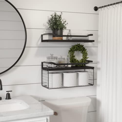 Floating Shelves with Wire Storage Basket - Bathroom Shelves Over Toilet with Protective Metal Guardrail, Wood Wall Shelves for Bathroom, Bedroom, Living Room - Black