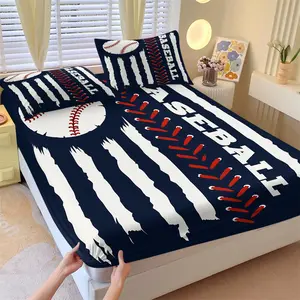 Retro Baseball Flag Style Fitted Sheet Set & 2 Pillowcases No Core, Navy Blue Base with White Distressed Stripes, Red Stitching, Soft Anti-Slip Wrinkle Resistant, Trendy Sport Style Bedroom Decor Gift