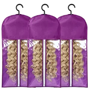 3 count Wig Bags Storage with Hanger Wig Holder Wig Hanger for Multiple Wigs Portable Hair Extension Holder Dust-proof Hair Extension Storage Wigs Stand Hair Extensions, wigs & accessories (Purple)