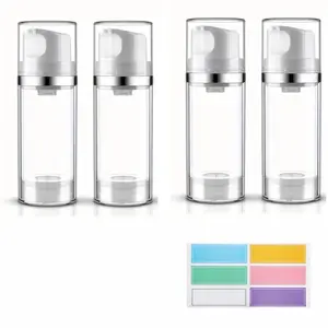 4 piece 3.38oz/100ml pump bottle dispenser with 1 sheet label sticker, used as a transparent refillable container for travel toiletries, skincare products, and liquid storage