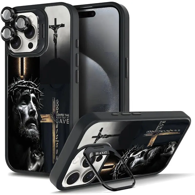 Jesus pattern religious element decoration shock-absorbing bracket phone case Suitable for iPhone 16 15 14 13 12 11 Xs Pro Max Plus metal camera frame&magnetic anti drop phone case B003 Screen Protector Cover Protection Smartphone wide-angle
