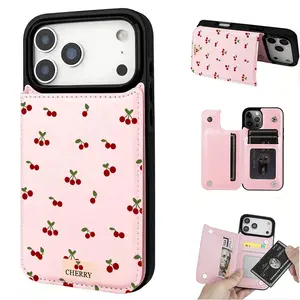 2XY Cherry Label/Wallet Card Holder, Credit Card Slot Phone Case, Cute Coin Purse Phone Case, Suitable for Hand Sewing, with Multiple Functions for Bank Cards, Transit Cards, etc., Compatible with iPhone 17/16/15/14/13/12, Holiday Gift