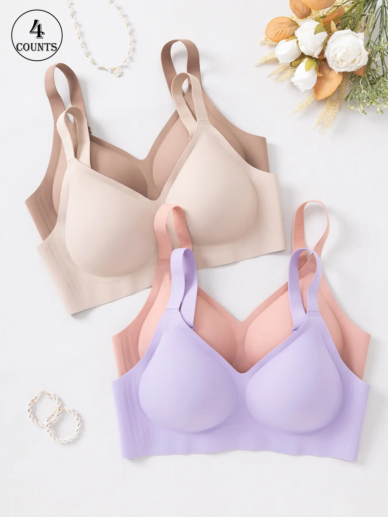 4pc set of solid color seamless wirefree jelly women's bras with hook closure and adjustable straps, wire-free support, gathers for a beautiful back, comfortable, breathable, suitable for daily, work wear, Breathable backless bra
