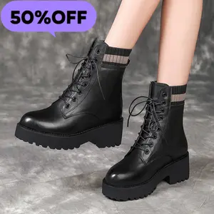 Women's Black Patent Leather Platform Combat Boots Fashion Side Zipper Wide Toe Lace Up Chunky Lug Sole High Top Motorcycle Boots Comfort Waterproof Non-Slip Casual Ankle Booties Footwear Walking Shoes Walking Shoes