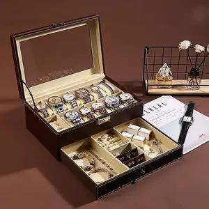Double Layer Watch & Jewelry Box  12-Slot Organizer with Glass Display Window