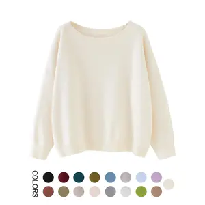 2025Women's Plain Scoop Neck Sweater, Casual Drop Shoulder Long Sleeve Jumper, Women Fall & Winter Knit Top