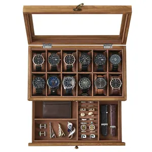 12-Slot Watch Box, 2-Tier Watch Display Case with Large Glass Lid, Removable Watch Pillows, Velvet Lining, Jewelry Box