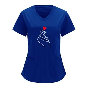 ElegantBlueV-NeckScrubTopforWomenwithHeartPrint,ShortSleeves&Pockets-StretchyNylon/PolyesterBlend,MachineWashable