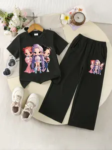 Girls' Knit Set T-Shirt + Straight Leg Pants, Cartoon Print, Casual Outdoor Sports Wear, Suitable for Girls Ages 8 and Below, Casual Outfit Set