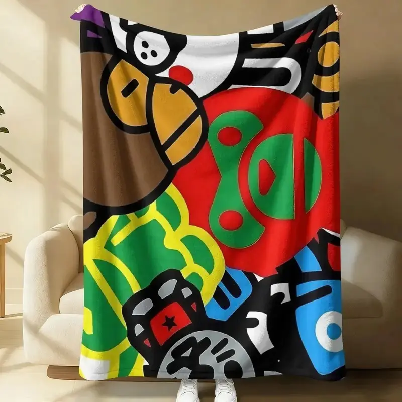 Colorful Ape‑Character Patchwork Flannel Throw Blanket, Skin‑Friendly High‑Density Polyester, Warm Multi‑Size Throw for Gaming‑Style Sofa, Bed, Office Naps, Indoor & Outdoor Use