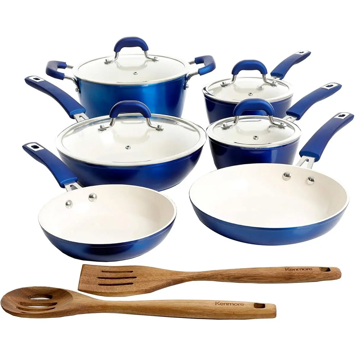 Kenmore Arlington 12-Piece Ceramic Coated Nonstick Aluminium Cookware Set, Metallic Blue - Heat Resistant Rubberized Coating for Cooking, Oven Safe