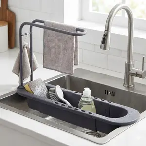 Adjustable Expanding Kitchen Sink Drying Rack, No-Install Sponge & Towel Holder, Multi-Purpose Safe Storage Organizer, Countertop Drying Anti-Mold Kitchen Gadget, Drain Protector