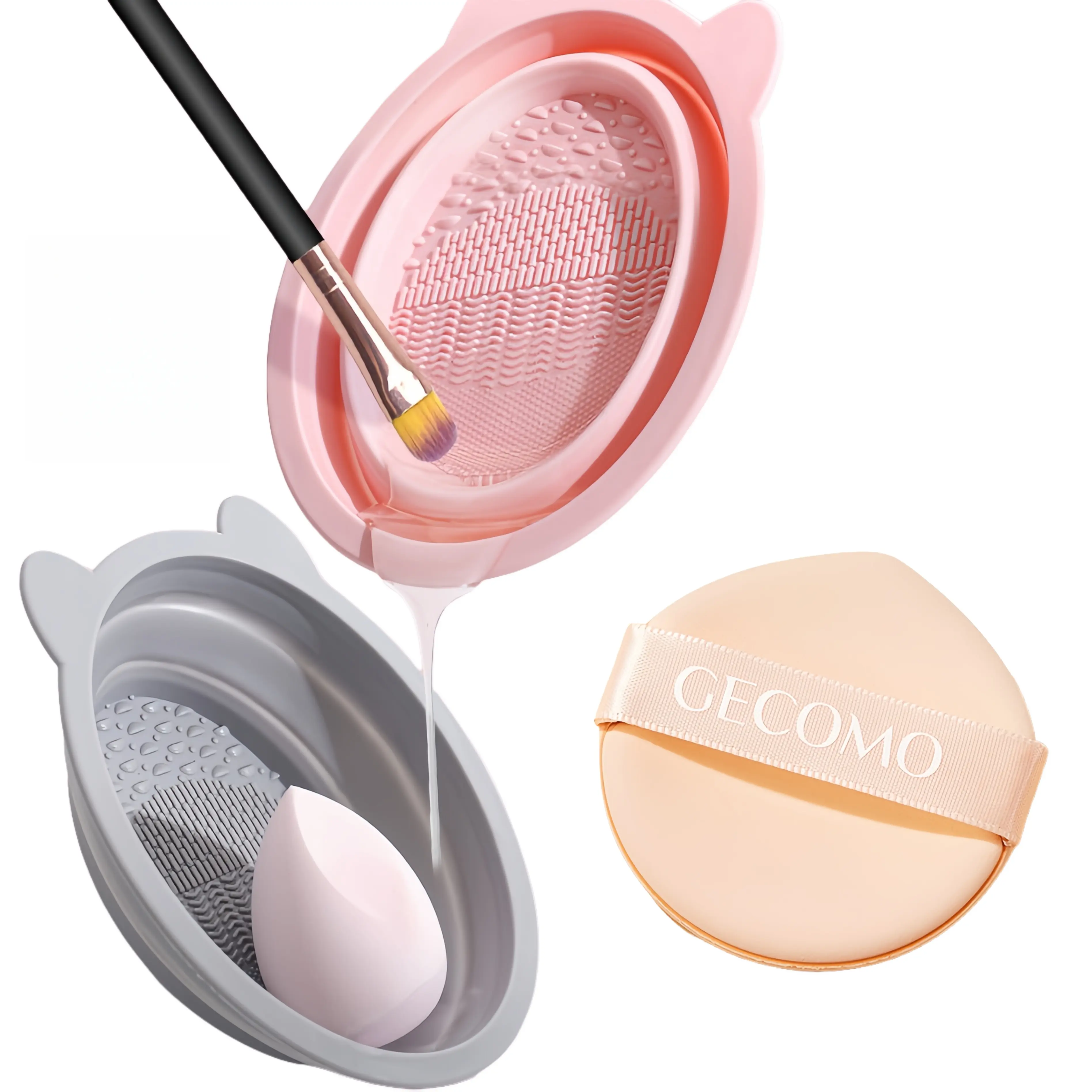 1pcs Rabbit Ear Shaped Makeup Brush Cleaner - Free gift 1pcs Air Cushion Powder Puff, Portable Silicone Foldable Design, Deep Cleaning Foundation Brush, Eye Shadow Brush, Blush Brush, Makeup Sponge and Beauty Egg, Professional Cosmetics Cleaning Tool Wand