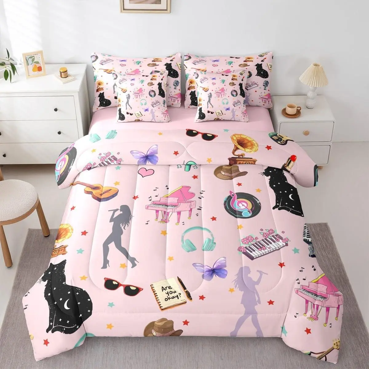 7Pcs White Pink Bedding Set,Fashion Music Themed Comforter Set,Disco Ball Piano Bed in A Bag for Women Girls Butterfly Cat Animals Quilt with Flat Fitted Sheet Modern Style Decor