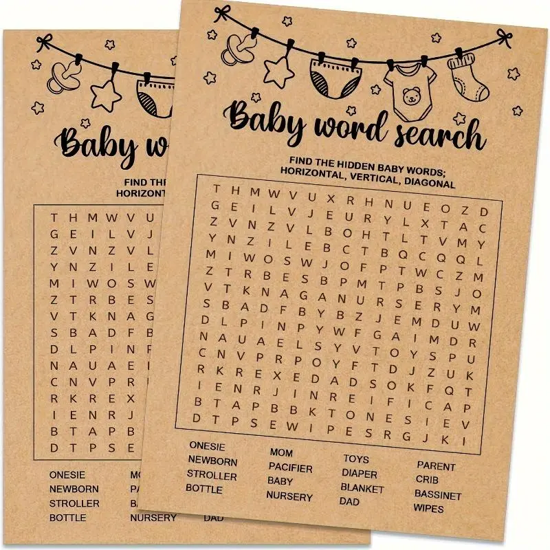 Baby Shower Word Search Game Cards, 10pcs/set Kraft Design Word Search Game Cards, Entertaining Activity Supplies for Baby Shower
