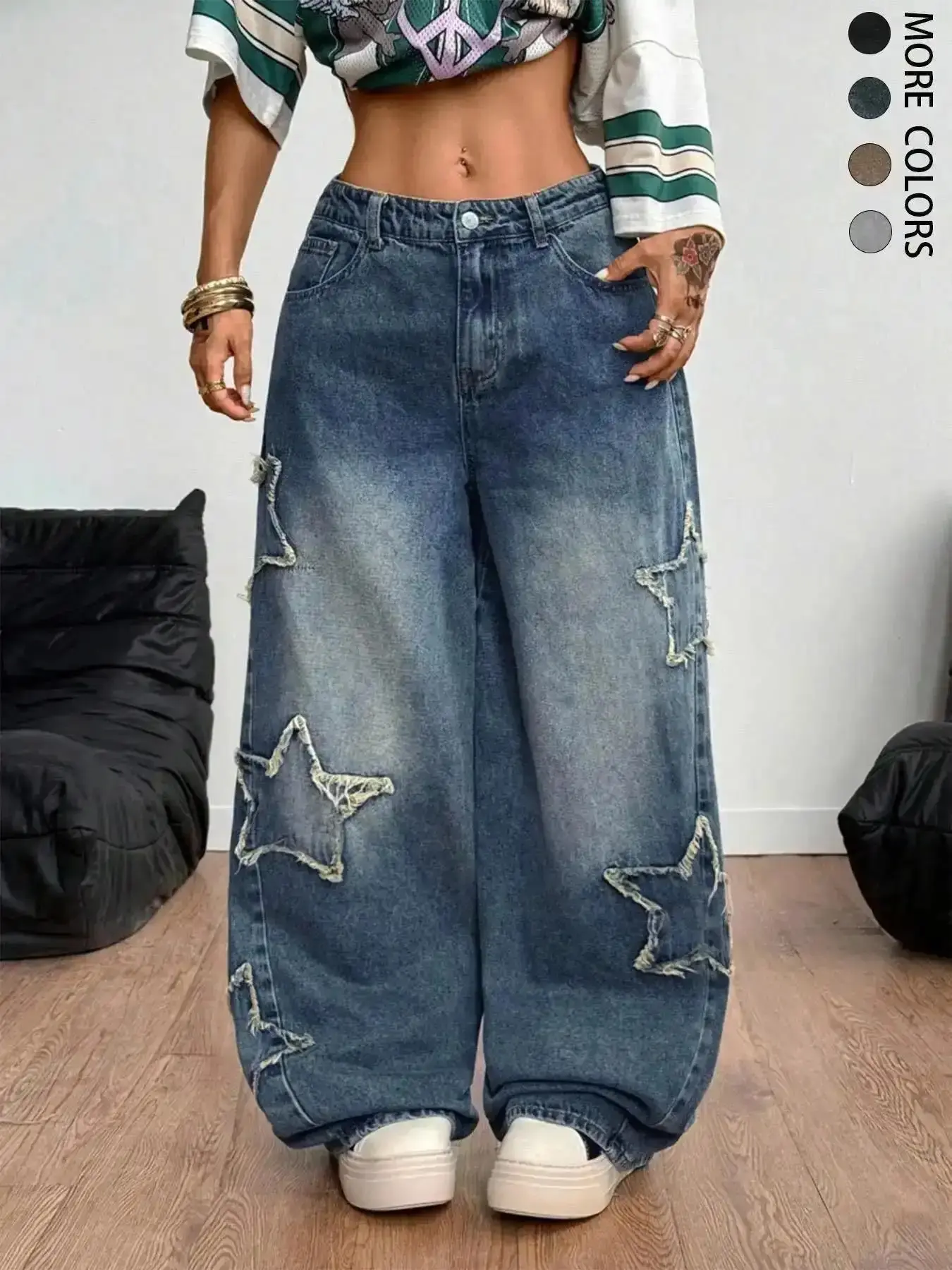 All-Season Streetwear Women's Casual Rapper Vintage Wash Distressed Y2k Athleisure Grunge Star Pattern Washed Baggy Jeans casual street classic straight leg everyday essential comfort stretch relaxed fit modern design
