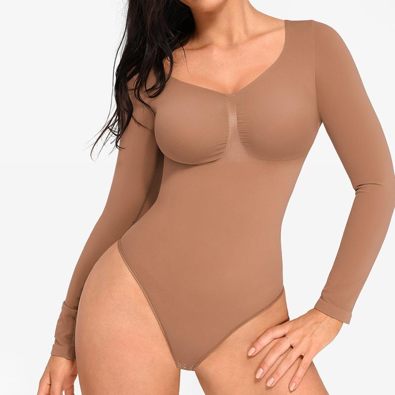 FeelinGirl Womenswear Seamless Long Sleeve Thong Bodysuit for Tummy Control V Neck Going Out Fabric Comfortable Casual shaper clothes TikTokShopBlackFriday