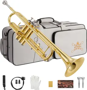 STRICH Bb Standard Trumpet Set for Beginners, Brass Student Trumpet Instrument with Hard Case, Cleaning Kit, 7C & 3C Mouthpieces, Gloves - STR-1G, Gold