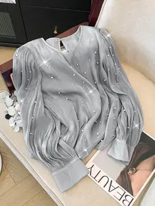 Women's Pearl Embellished Chiffon Blouse Shirts - Long Puff Sleeve Sheer Back Keyhole Dressy Top