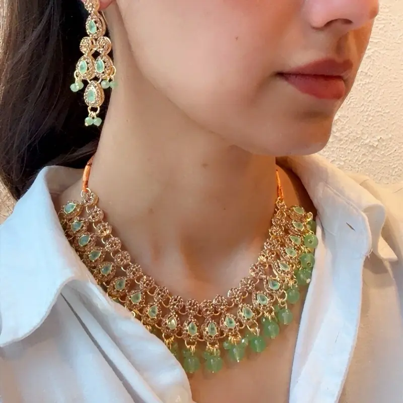 Women's Kundan Matching Jewelry Set - Traditional Indian-Turkish Blend Artificial Gold Matching Necklace with Dangle Jhumkas & Tikka for Special Events, Matching Sets