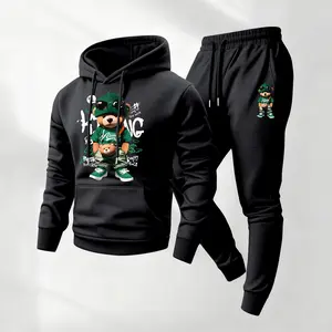 Men's Bear Printed Hoodie and Drawstring Sweatpants Set, Menswear, Casual Athletic Long Sleeve Hooded Jacket & Trousers for Fall & Winter, Men's Clothing for Daily Wear, Sportswear Indoor Outdoor, Tracksuit, Athleisure Summer Clothes
