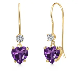 Gem Stone King 14K Yellow Gold Purple Amethyst and Lab Grown Diamond Earrings for Women | 1.73 Cttw | Gemstone February Birthstone | Heart Shape 6MM