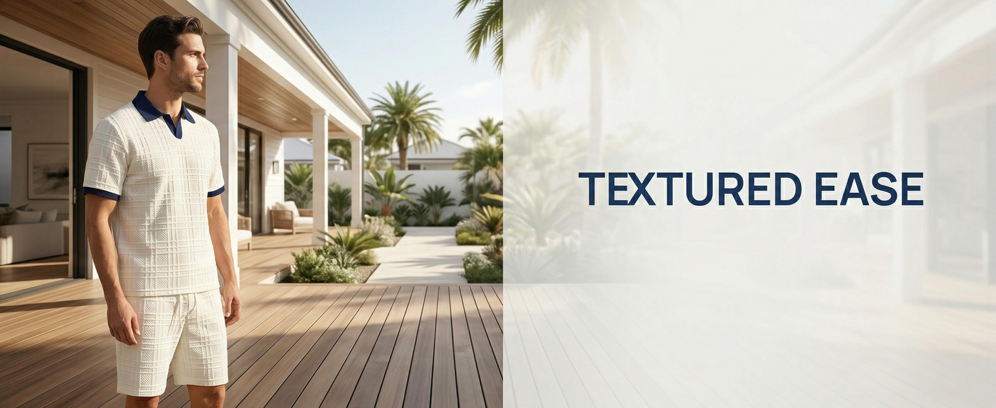 Men's Casual 2 Piece Set, Textured V Neck Short Sleeve Shirt & Shorts for Daily Wear