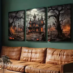 Halloween Haunted Castle Wall Art Decor, Tombstone Wall Art, Set of 3 Unframed Canvas Prints, Spooky Home Decoration for Living Room Bedroom Bathroom Party