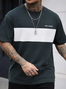 Men's Summer Simple Colorblock Short Sleeve T-Shirt, Smooth Breathable Anti-Wrinkle Fabric, Fashion Letter Print Design, Casual Style