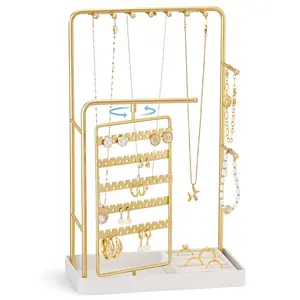 Jewelry Display Stand Holder, Jewelry Organizer and Storage with Velvet Ring Tray, Rotating Earring Display Bracelet Necklace Holder, Aesthetic Gifts Room Dorm Decor for Teen Girls