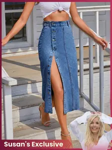 【Susan's Exclusive】Sexy Button Fly Denim Midi Skirt, High Waist A-Line Design, Casual Daily Wear, Perfect for Valentine's Day T-Chic, BlackFriday Sale,