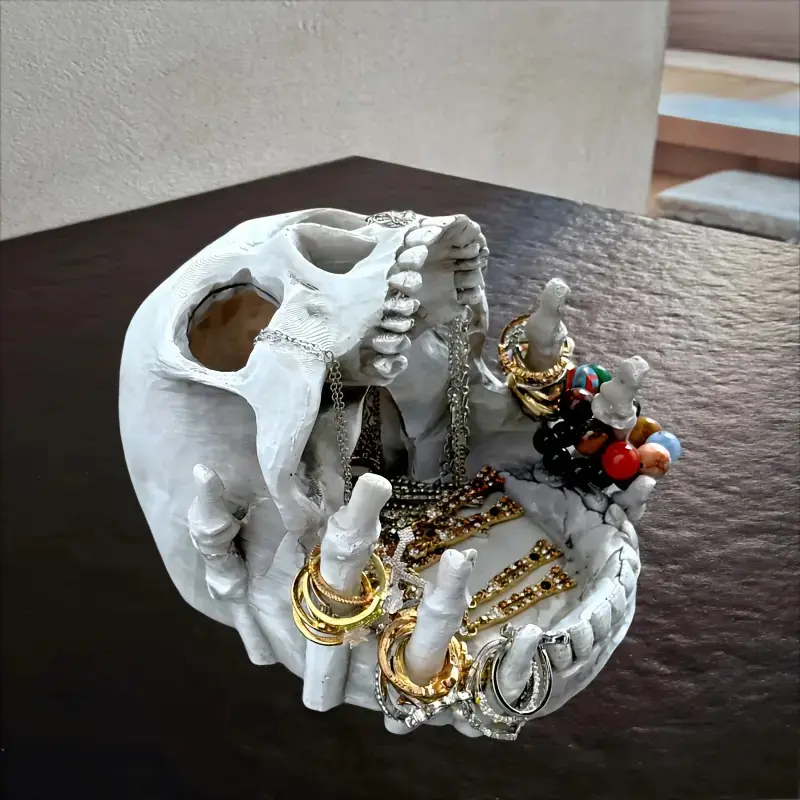 Gothic Resin Skull Jewelry Storage Box - Decorative Organizer with Ring Holder Fingers, Necklace Hooks, Multi-Compartment Tray for Earrings, Bracelets, Chains, Halloween Desktop Decor, Quirky Women's Gift, Spooky