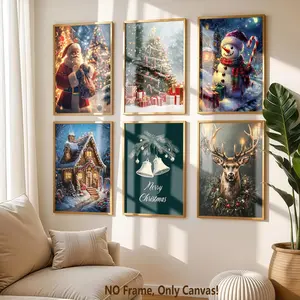 6-Piece Unframed Canvas Posters Set, Santa Claus Christmas Theme Decorations, Cute Snowman Art Prints, Modern Home Wall Art