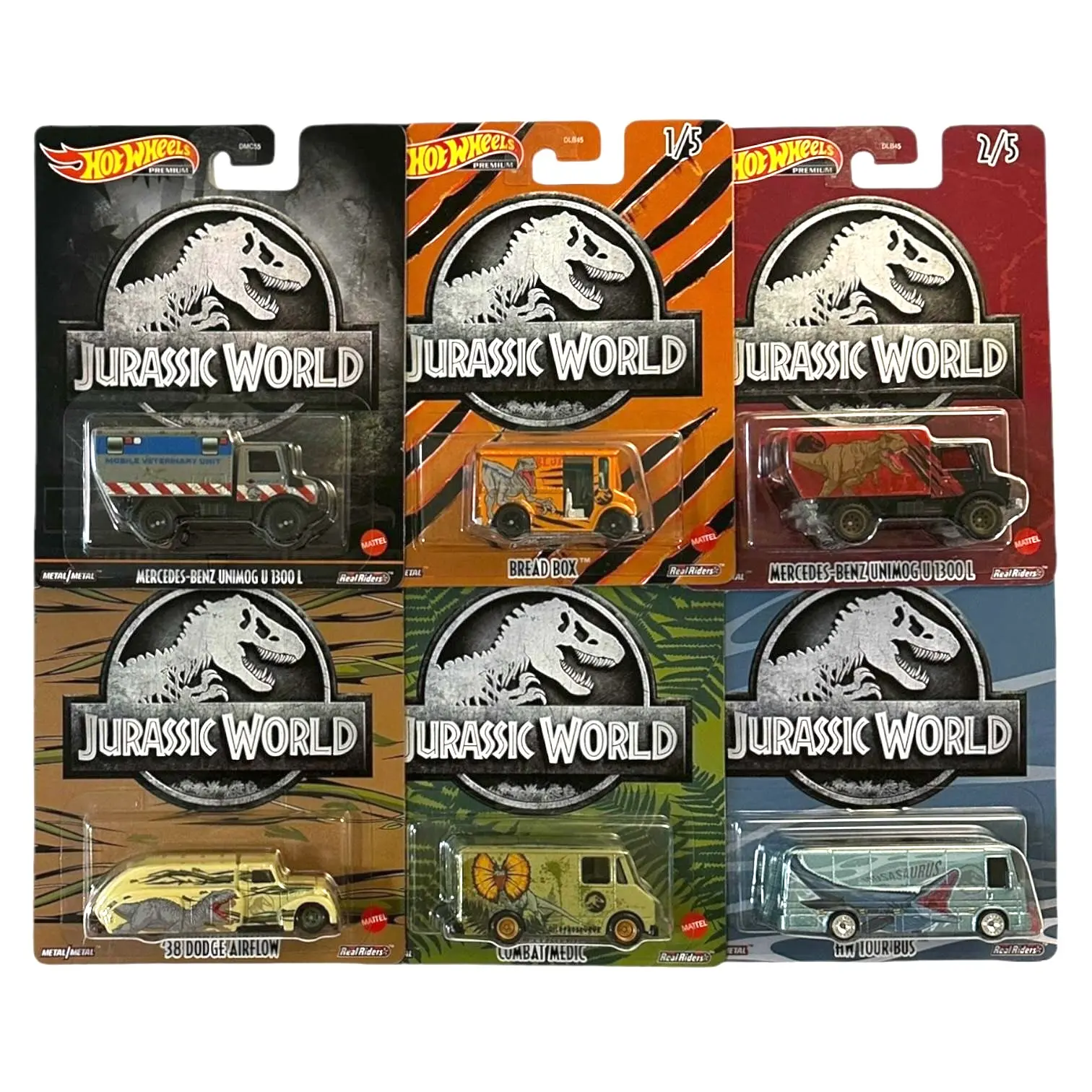Hot Wheels Premium Jurassic World 6-Car Diecast Collectible Set - 1:64 Scale, Metal Bodies, Real Riders Wheels, Realistic Decals, Display Value, Themed Vehicles (Utility Truck, Combat Medic, '38 Themed Airflow & More), Six Cars