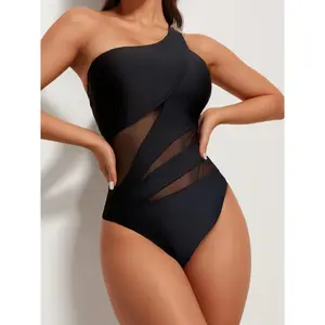 Women's Contrast Mesh One Shoulder Swimsuit, Asymmetrical Neck Swimwear, Ladies One Piece Swimsuit for Summer Beach Holiday Vacation, Bathing Suits 2024 for Women, Tummy Control Swimwear, Swimsuit for Women