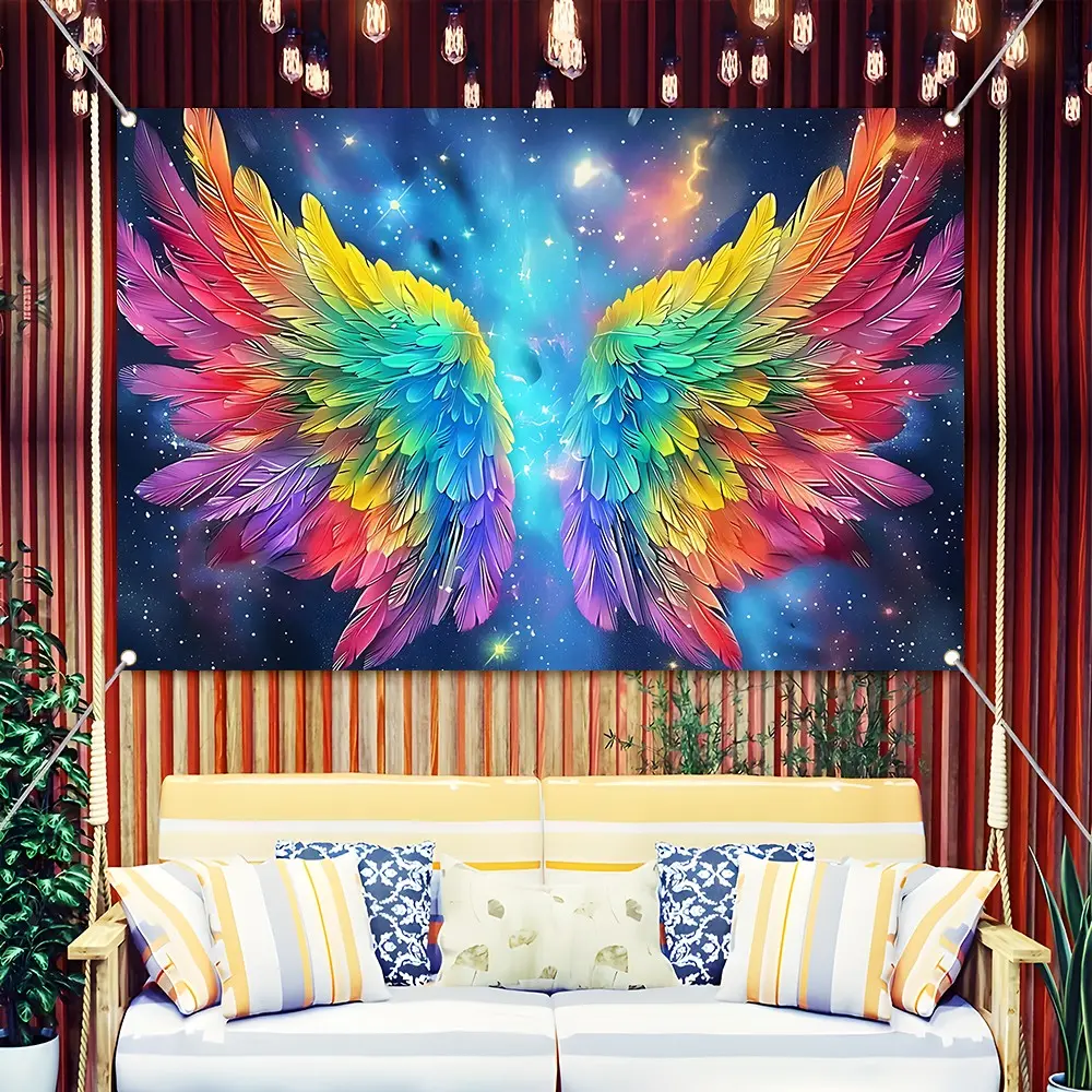 Dreamy Rainbow Angel Wings Backdrop Banner, Galaxy Starry Sky Fantasy Wall Decor, Durable Polyester Fabric Photo Booth Prop, Reusable Easy to Clean, Perfect for Birthday, Pride Party, Photo Shoot, Bedroom Decor, Gifts for Friends and Family