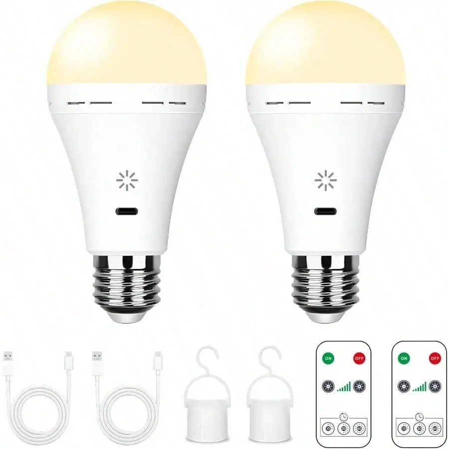 2PC E27 Rechargeable LED Light Bulbs with Remote Control - USB-C, 9W Dimmable Emergency Bulbs for Home Power Outages, Rechargeable Bulbs