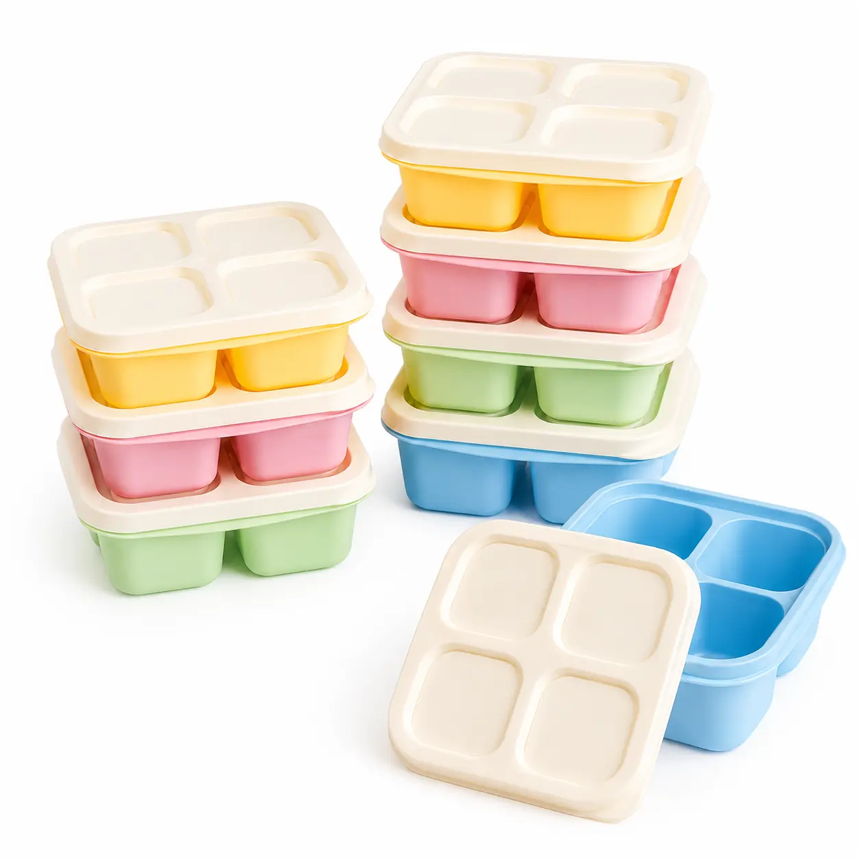 Retro Pastel Snack Box Containers 4-Pack, 4-Compartment Reusable Food Storage with Easy-Open Lids, Stackable Snack Organizer for Fruit, Treats & Small Portions