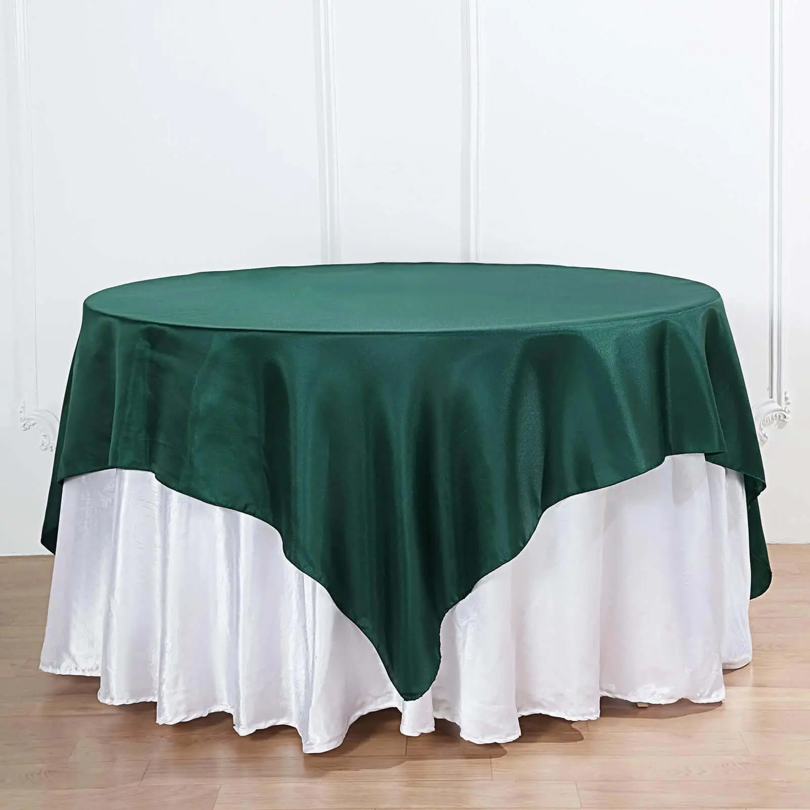 72"x72" Square Hunter Emerald Green Solid Satin Overlay Table Cover - Wrinkle Resistant, Smooth Topper, Machine Washable, Decorative Event Decoration for Weddings, Banquets