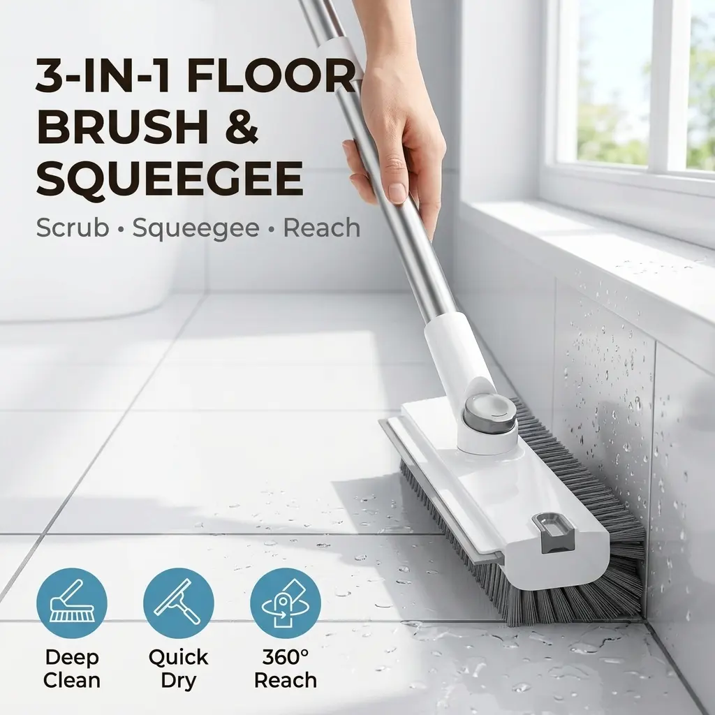 Multi-Surface Floor Cleaning Brush | 360° Rotating Brush Head | Built-In Water Squeegee | Extended-Reach Floor Brush & Squeegee Combo for Bathroom and Kitchen | Rotating Floor Brush with Bristles and Squeegee Blade